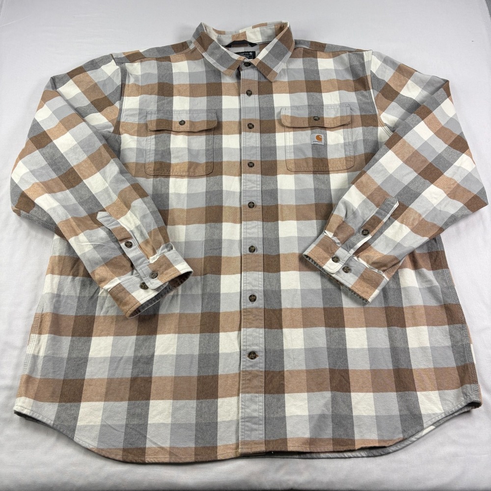 Carhartt Flannel Shirt Mens 2XLT Tall Gray Brown Heavyweight Button Up Workwear